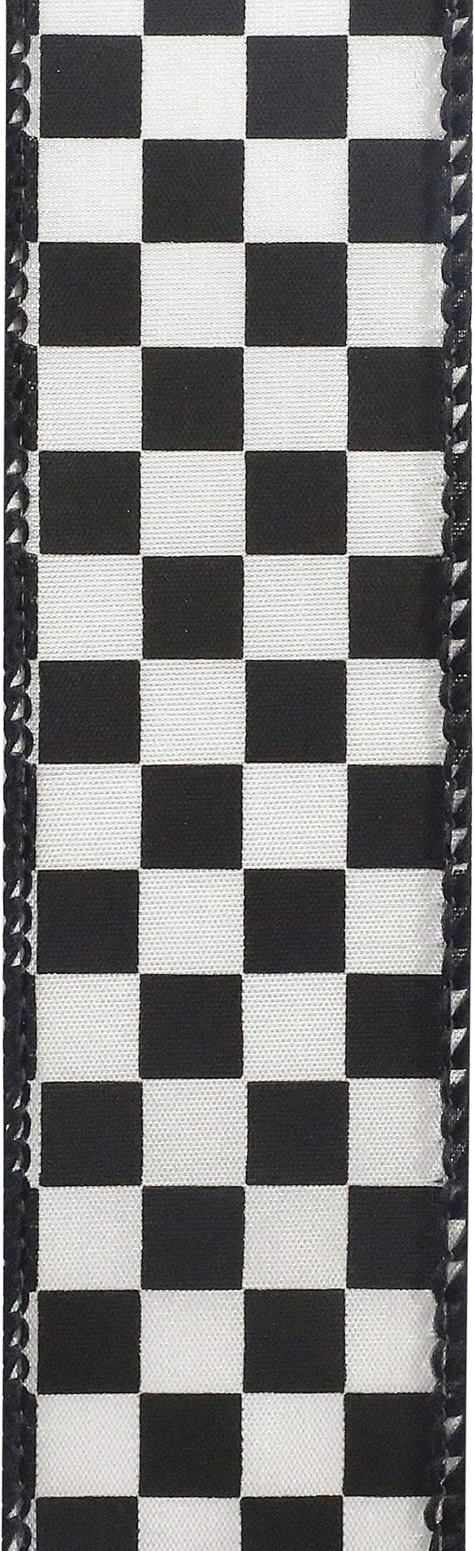 1.5 Inch By 25 Yard Black And White Raceway Check Wired Edge Ribbon