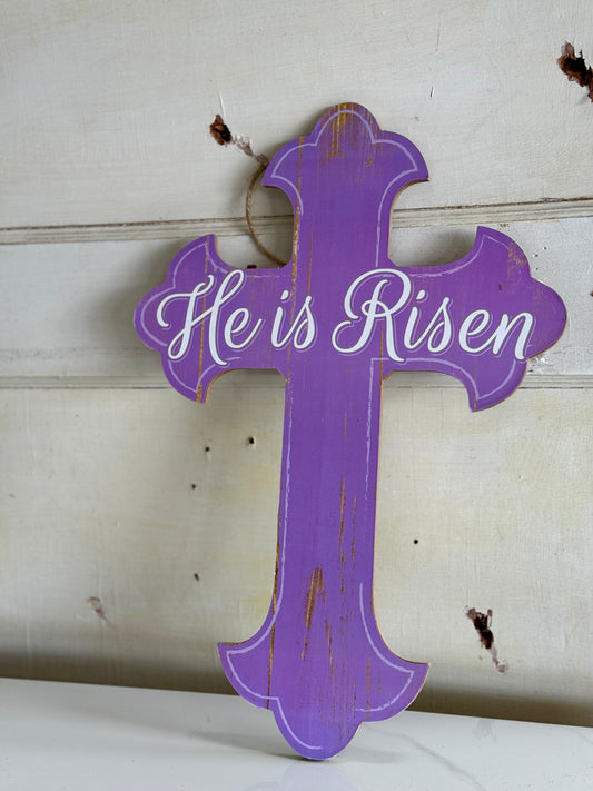 He Is Risen Lavender And White Cross Sign
