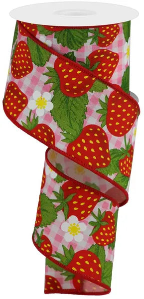 2.5 Inch By 10 Yard Red Pink And White Strawberries One Woven Check Ribbon