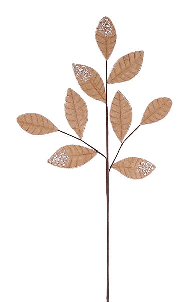 27 Inch Taupe Pearl Velvet And Glitter Magnolia Leaf Spray