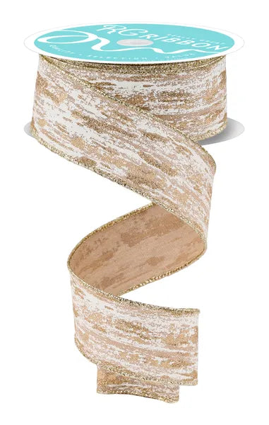 1.5 Inch By 10 Yard Beige Cream And Gold Glitter Metallic Streaks Ribbon