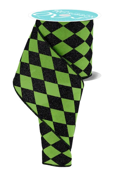 4 Inch By 10 Yard Lime Green And Black Harlequin Check Ribbon