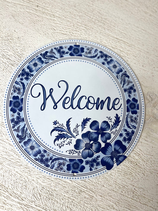 8 Inch Welcome Blue And White Metal Sign