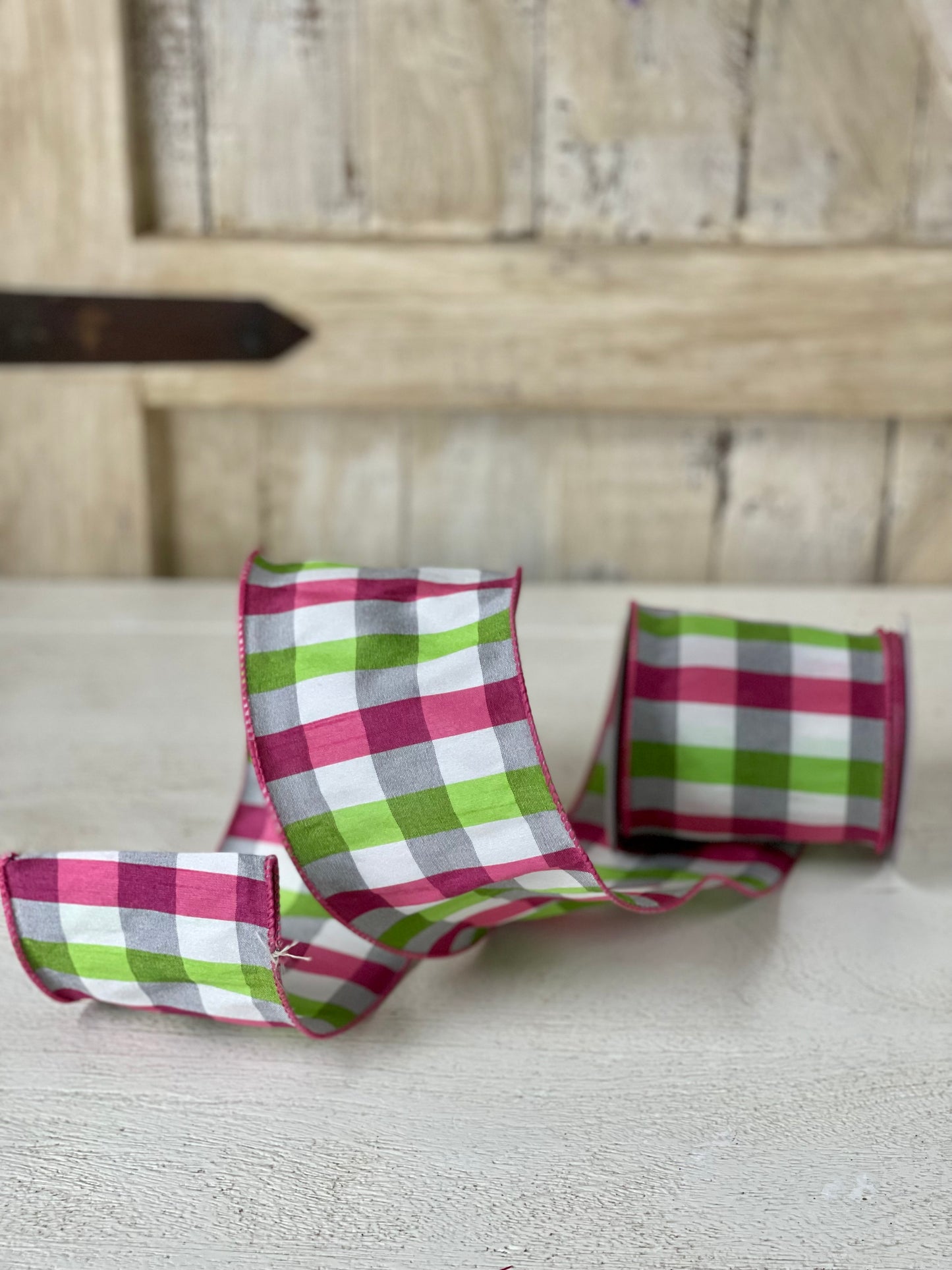 4 Inch By 10 Yard Fuchsia Lime And Gray Check Dupioni Ribbon