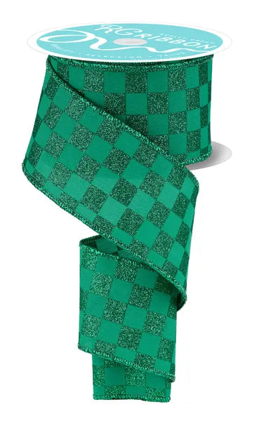 2.5 Inch By 10 Yard Emerald Green Glitter Check Ribbon