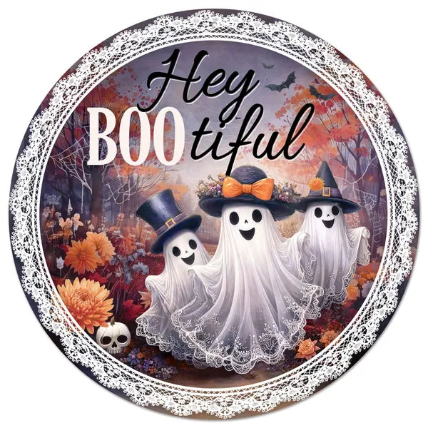 12 Inch Hey Boo-tiful With Ghosts Metal Sign