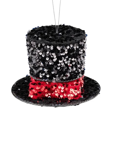 6.75 Inch Black And Red Sequin Velvet Top Hat Ornament