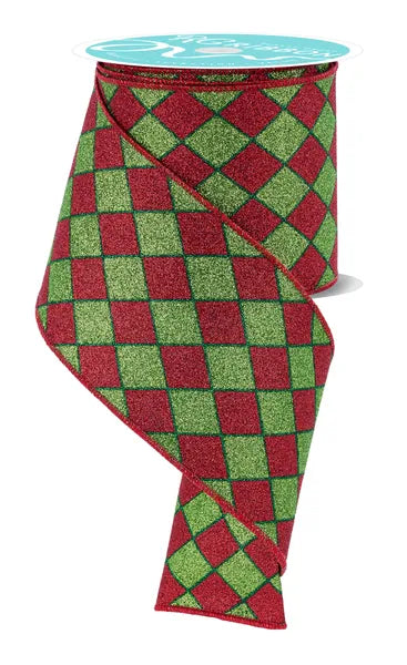 4 Inch By 10 Yard Red And Lime Glitter Harlequin Ribbon