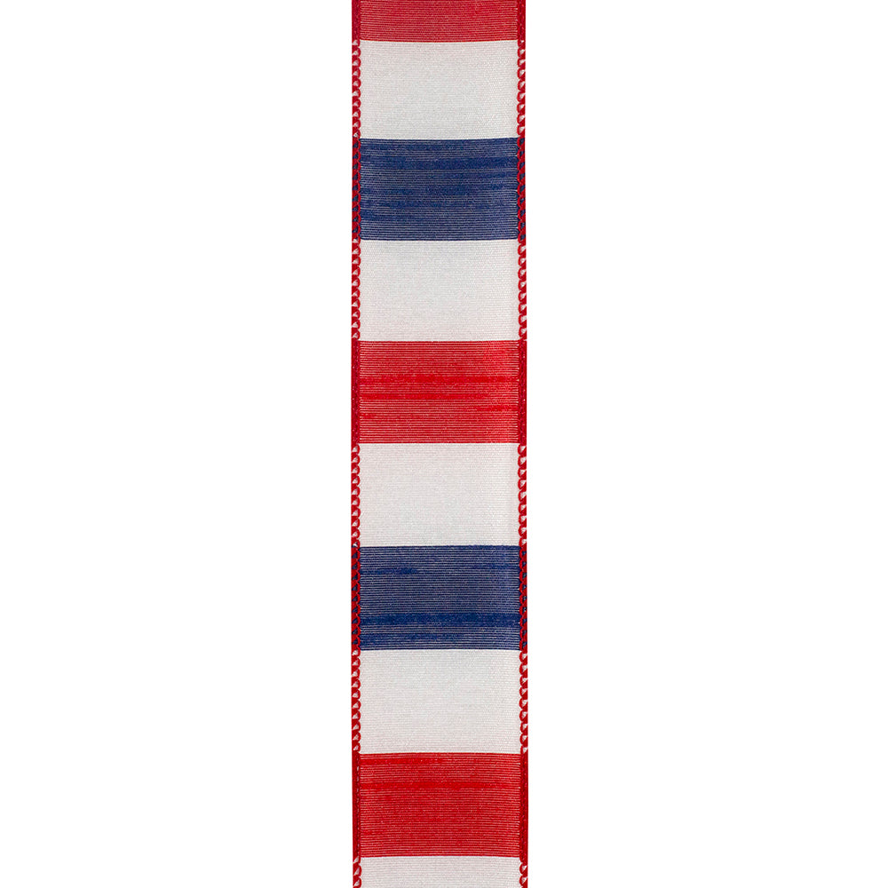 1.5 Inch By 10 Yard Red White And Blue American Dupioni Bar Wired Edge Ribbon