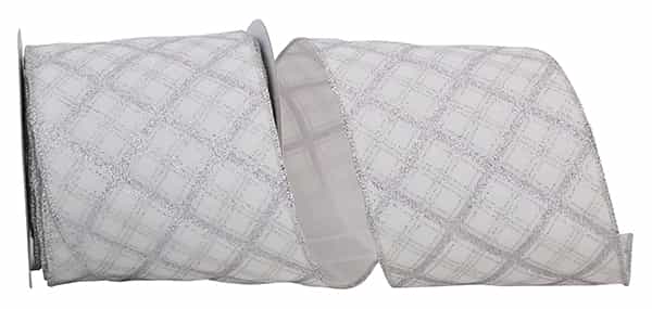 4 Inch By 10 Yard White Velvet With Silver Glitter Lattice Ribbon