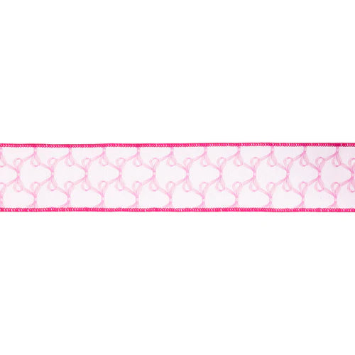 2.5 Inch By 10 Yard Pink Bows On White Dupioni Ribbon