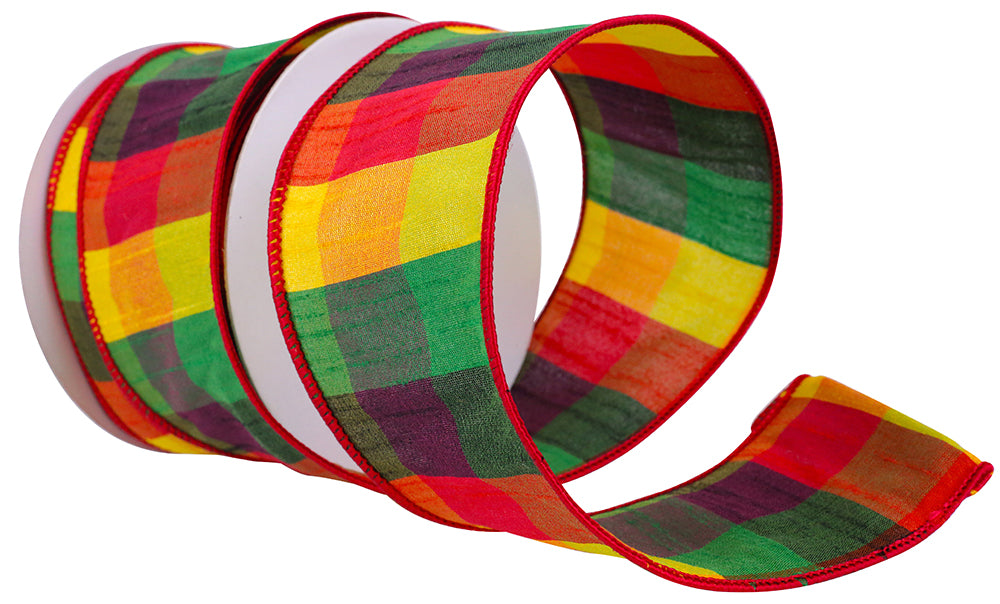 2.5 Inch By 10 Yard Multi Color Festive Check Dupioni Ribbon