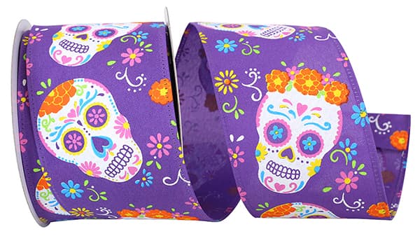 2.5 Inch By 10 Yard Purple Day Of The Dead Skulls Ribbon