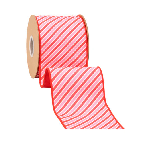 4 Inch By 10 Yard Red White And Pink Diagonal Stripe Dupioni Ribbon