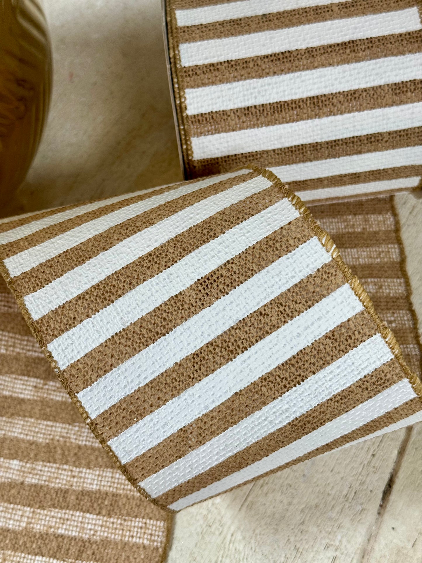 4 Inch By 10 Yard Burlap And White Cabana Stripe Ribbon