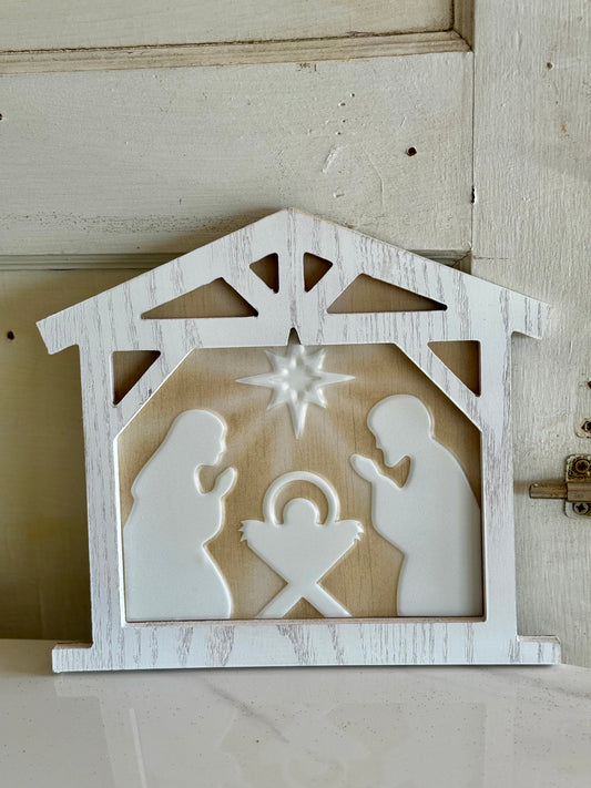 Light Brown And White Metal Nativity Scene Sign
