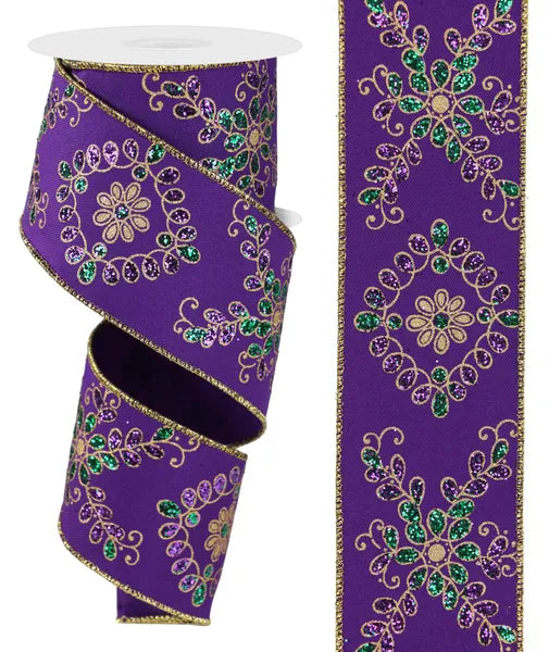 2.5 Inch By 10 Yard Mardi Gras Ornate Loop Diamond Ribbon