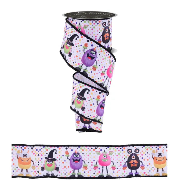 2.5 Inch By 10 Yard Multicolor Halloween Monsters On White Background Ribbon