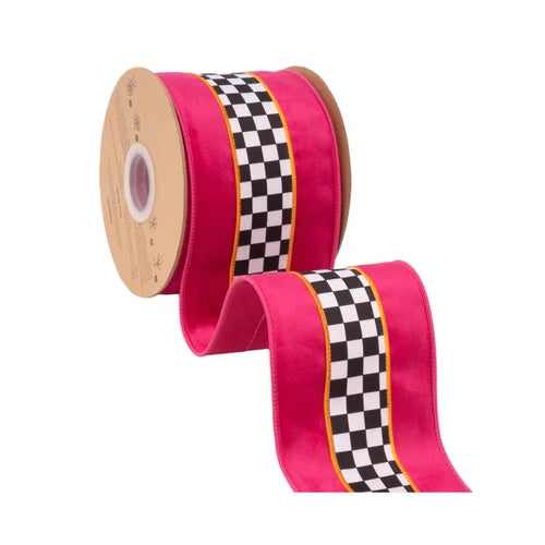 4 Inch By 10 Yard Hot Pink And Orange With Check Middle Ribbon