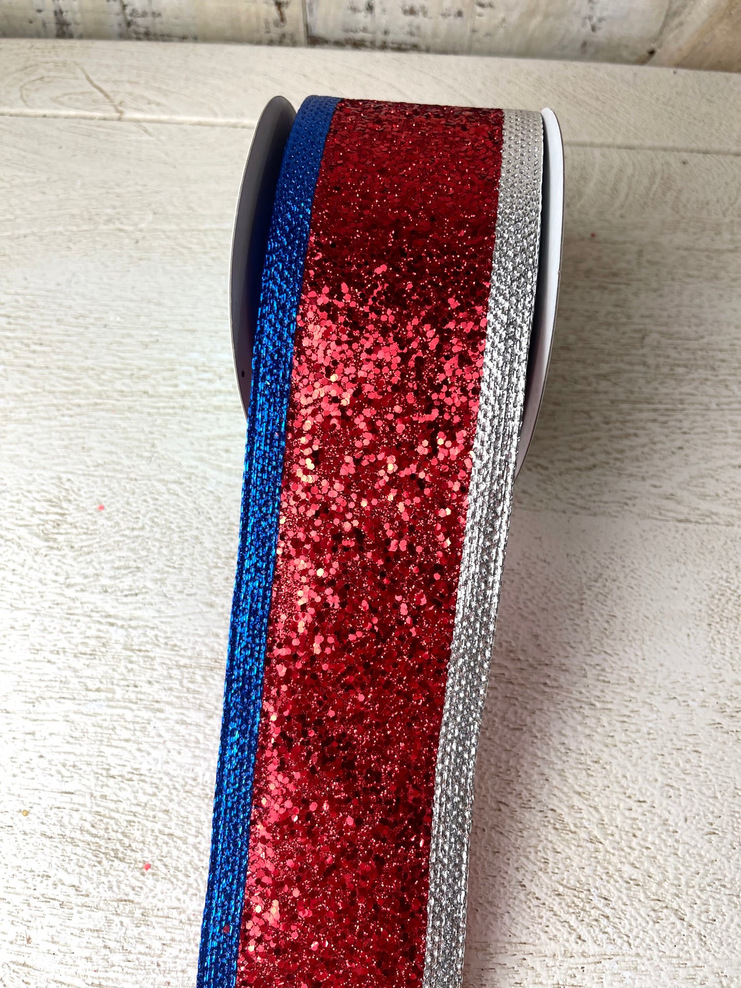 2.5 Inch By 10 Yard Red Silver Blue Metallic Ribbon