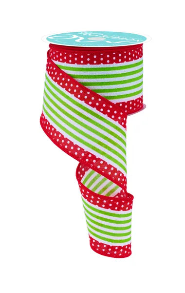 2.5 Inch By 10 Yard Red And Lime Green Vertical Stripe Polka Dot Edge Ribbon