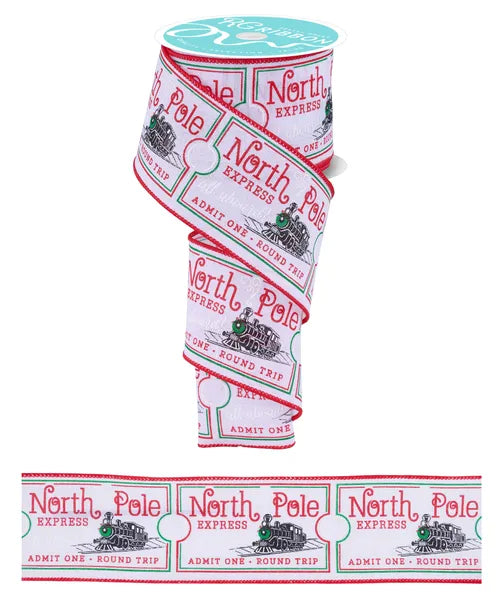 2.5 Inch By 10 Yard North Pole Train Ticket Ribbon