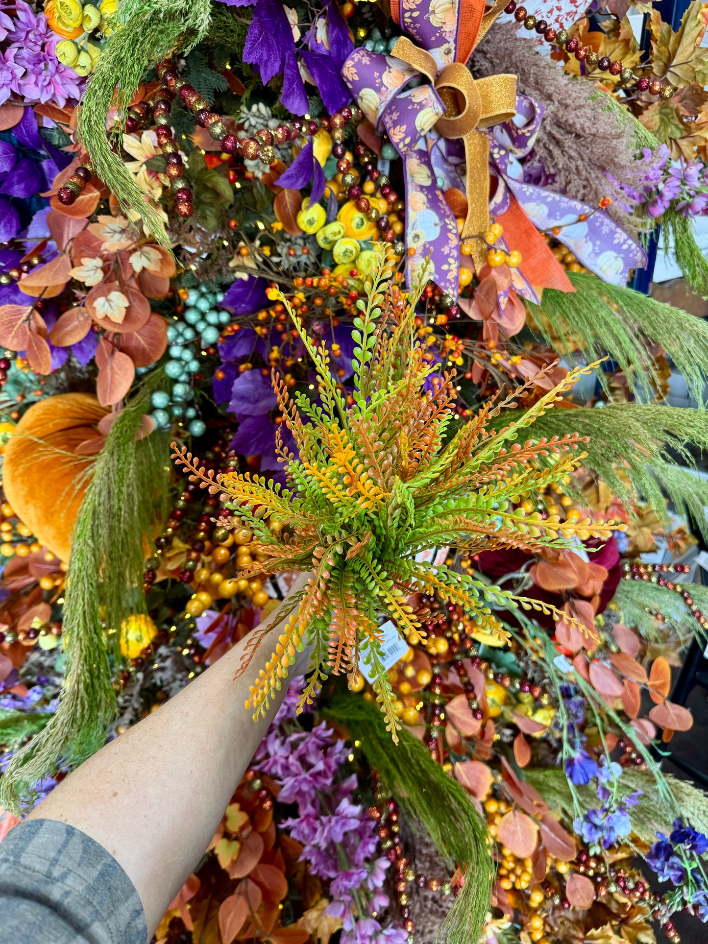 16 Inch Orange And Green Fall Bead Grass Bush