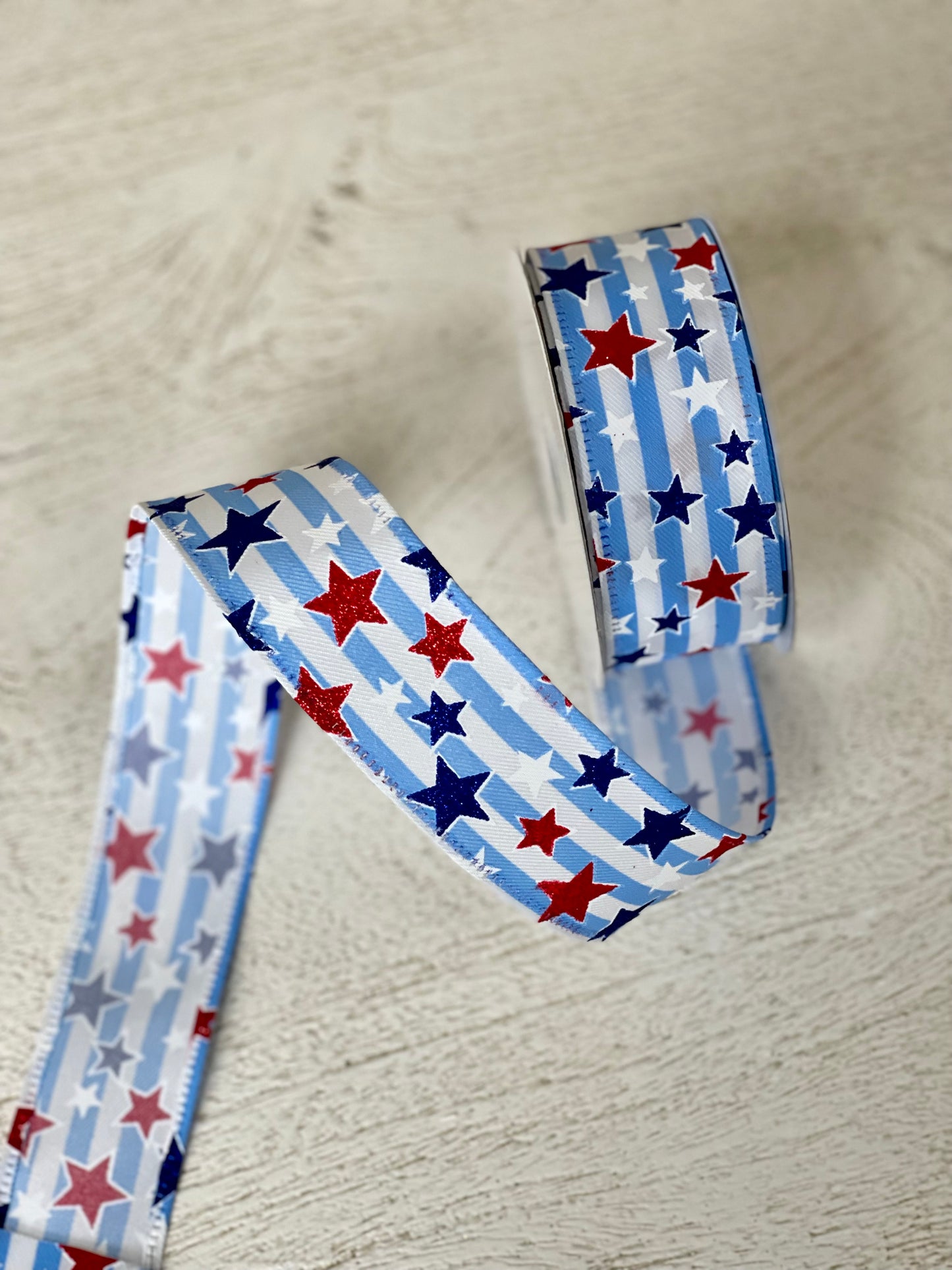 1.5 Inch By 10 Yard Blue And White Striped Ribbon With Glitter Stars Ribbon