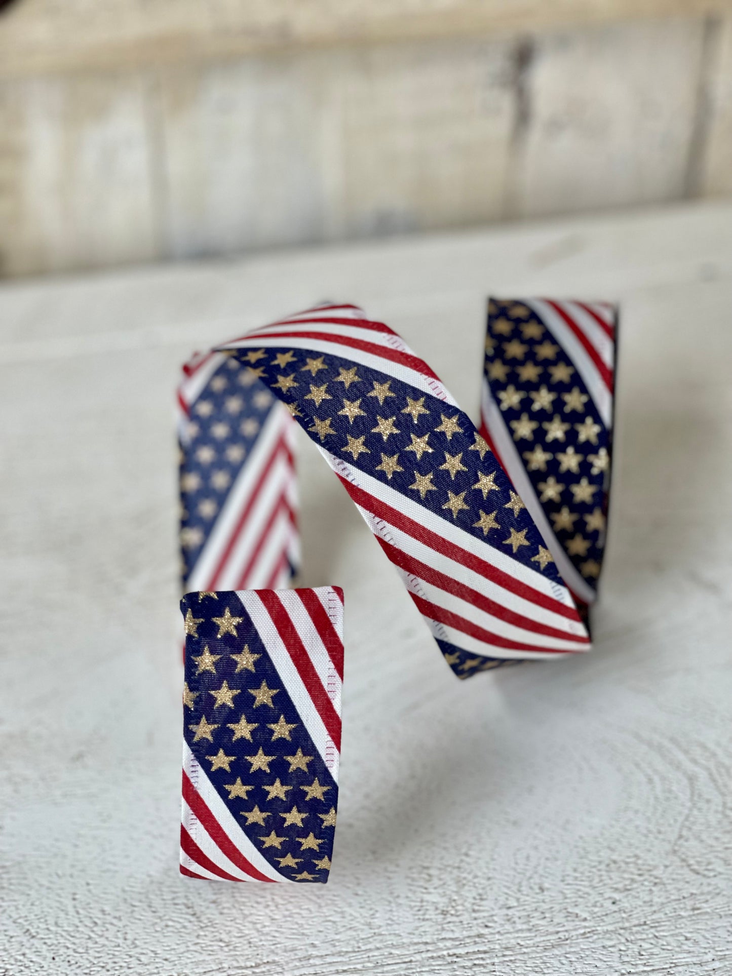 1.5 Inch By 10 Yard American Flag Ribbon With Gold Stars Ribbon