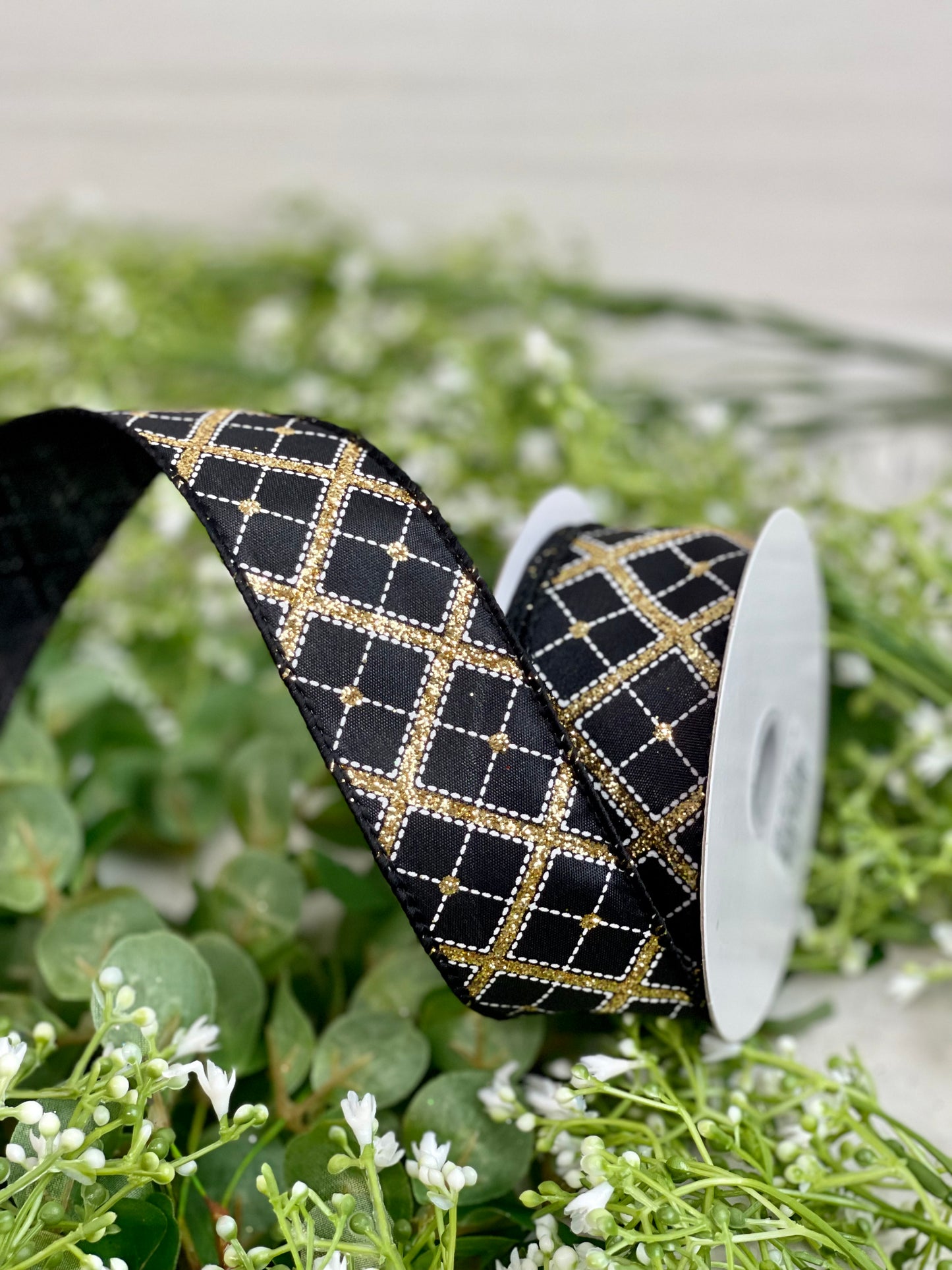 1.5 Inch By 10 Yard Black And Gold Glitter Diagonal Plaid Ribbon