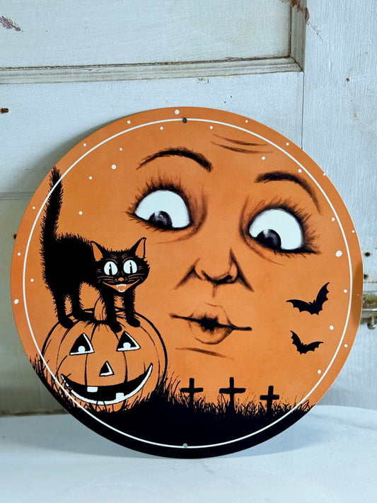 12 Inch Vintage Halloween Moon Face Metal Sign