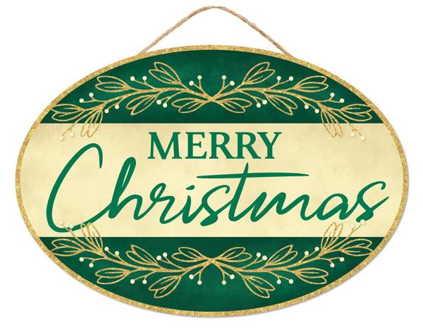 13 Inch Merry Christmas Hunter Green Oval Wooden Sign