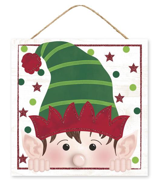 Glitter Peeking Elf Face Wooden Sign