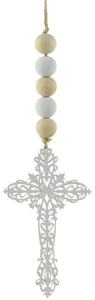 White Wooded Cross Beaded Ornament