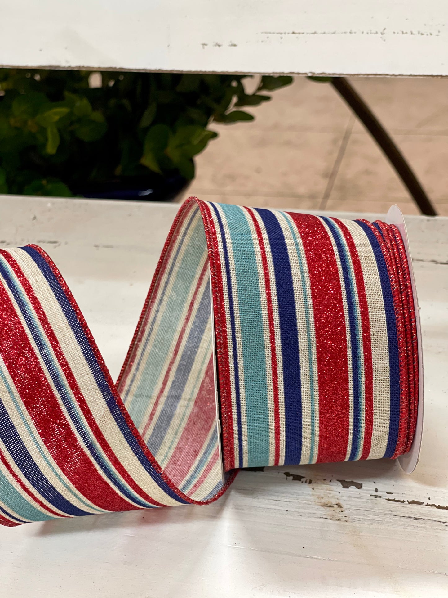 2.5 Inch By 10 Yard Red White And Natural Striped Ribbon