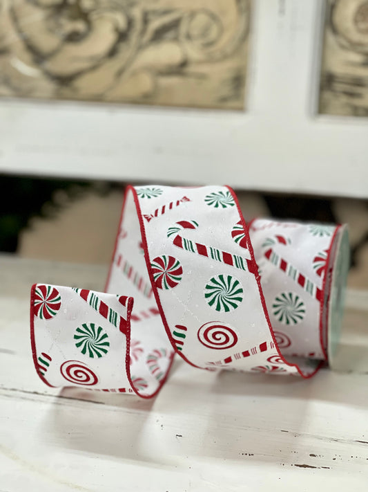 2.5 Inch By 10 Yard Red And Green Candy Cane And Peppermint Ribbon