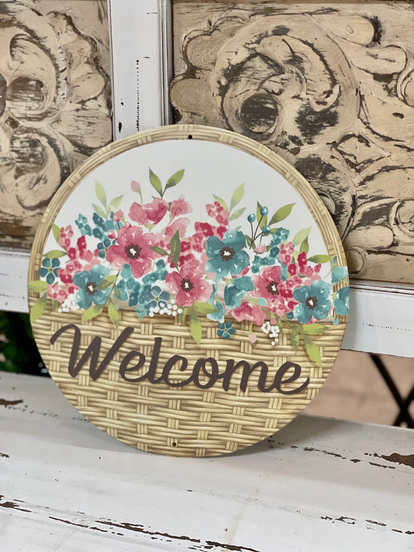 Welcome Flower Basket Metal Sign