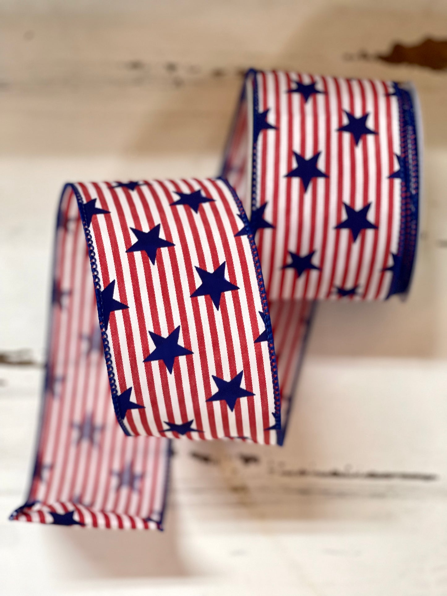 2.5 Inch By 10 Yard Red And White Stripe With Navy Stars Ribbon