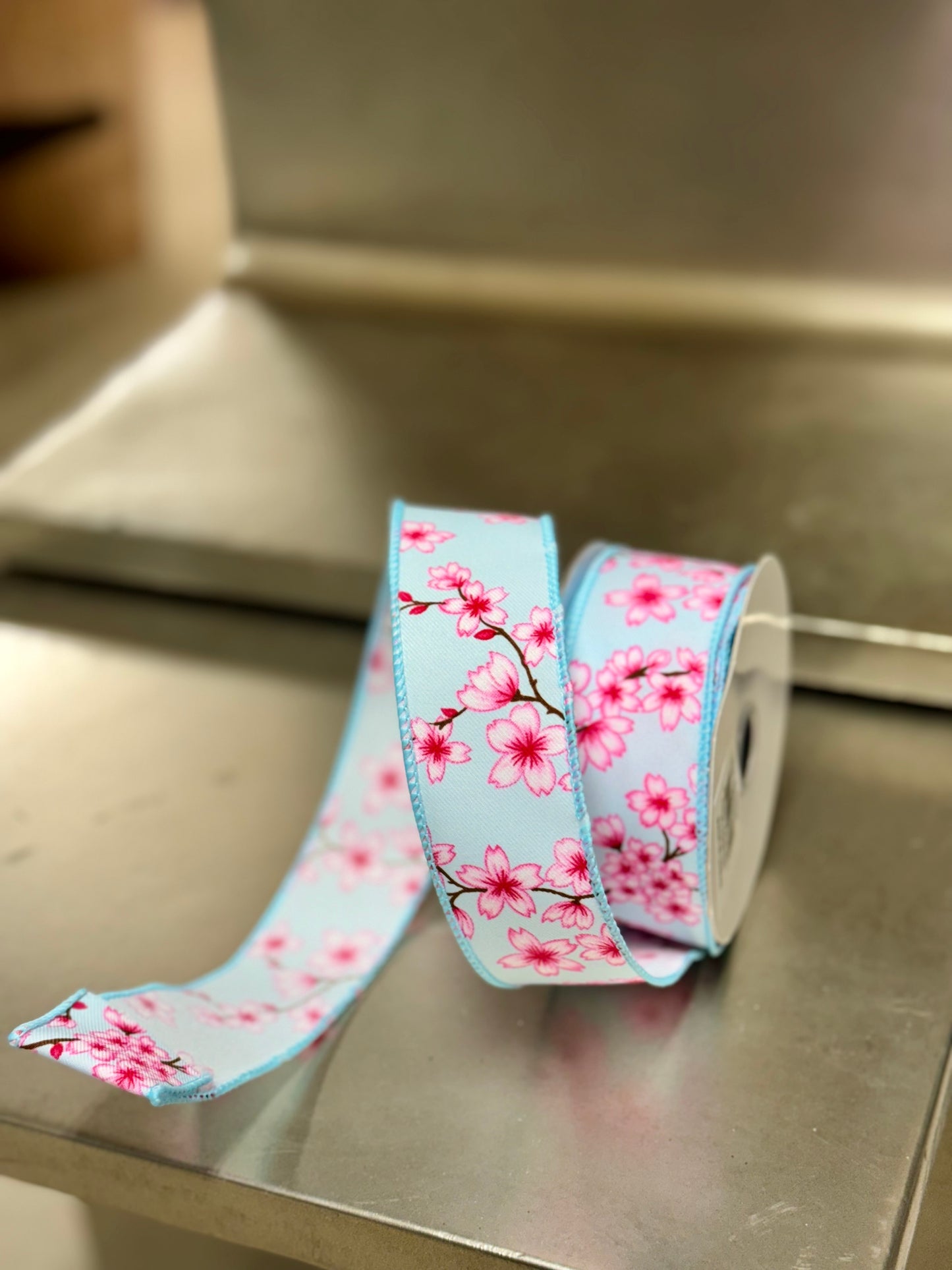 1.5 Inch By 10 Yard Pink And Blue Floral Blossoms Ribbon