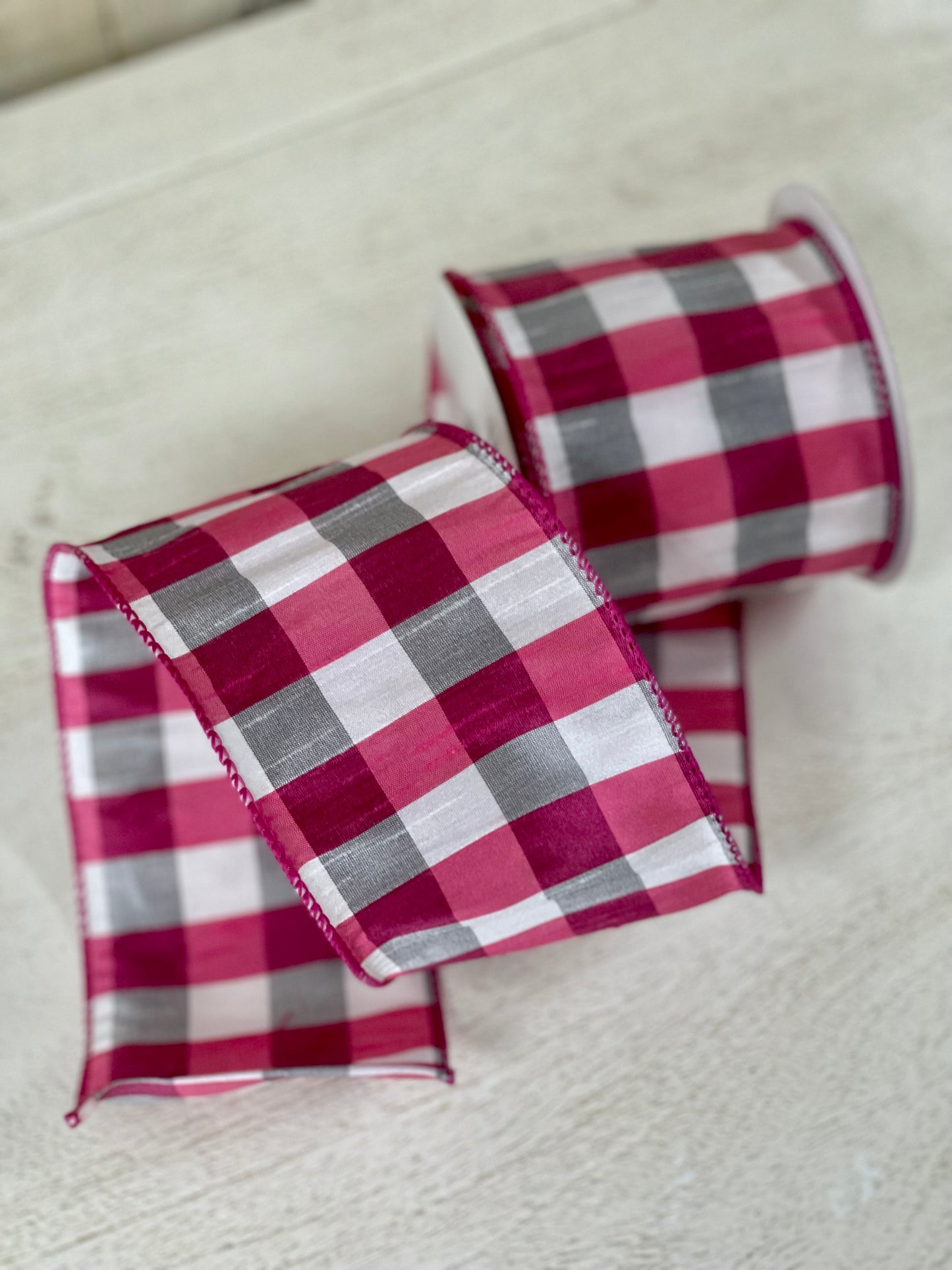 4 Inch By 10 Yard Fuchsia, Gray, And White Check Dupioni Ribbon