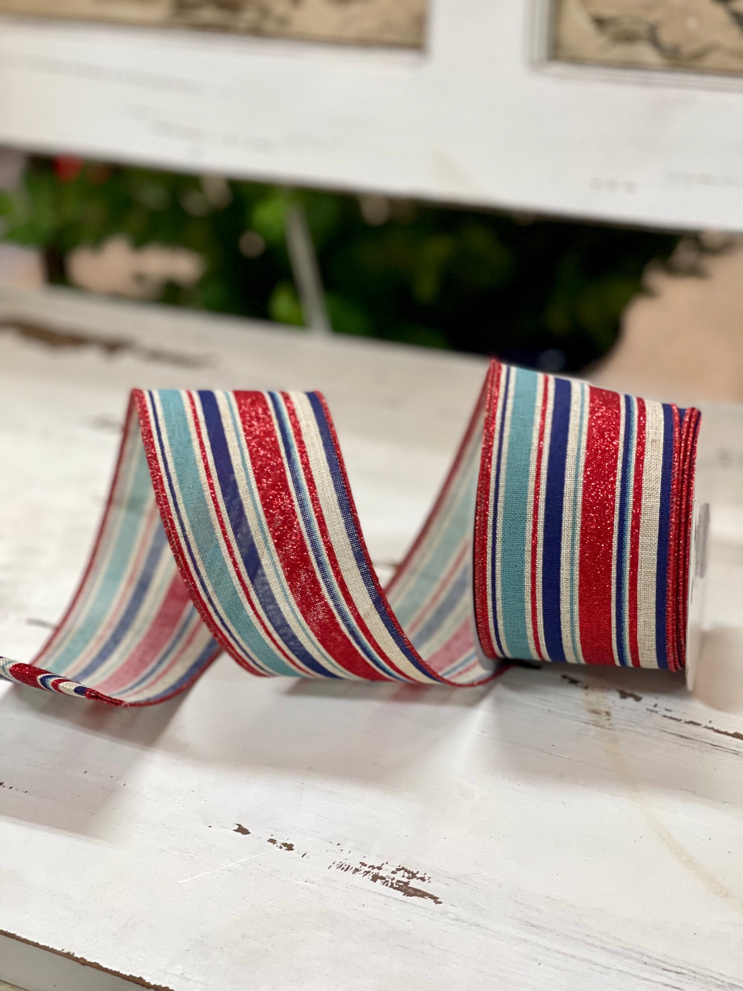 2.5 Inch By 10 Yard Red White And Natural Striped Ribbon