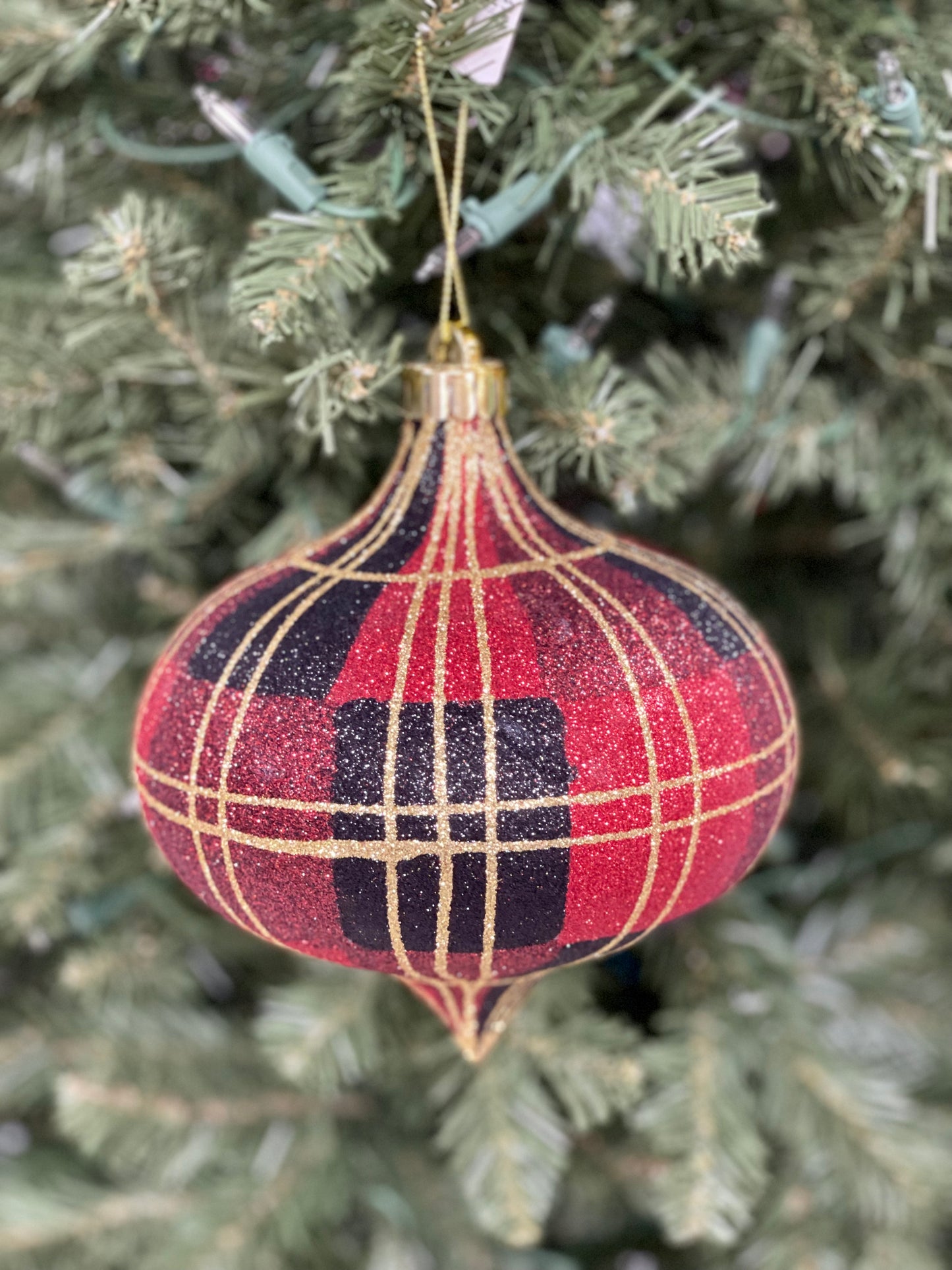 6 Inch Red Black And Gold Plaid Onion Shaped Ornament