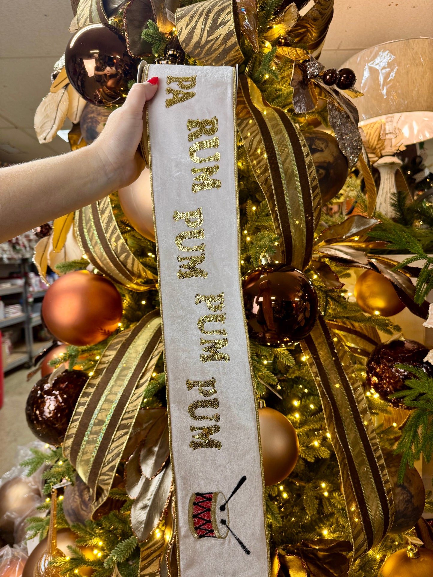 4 Inch By 10 Yard Pa Rum Pum Pum Gold Sequin Embroidery With Drum On Ivory Velvet Ribbon