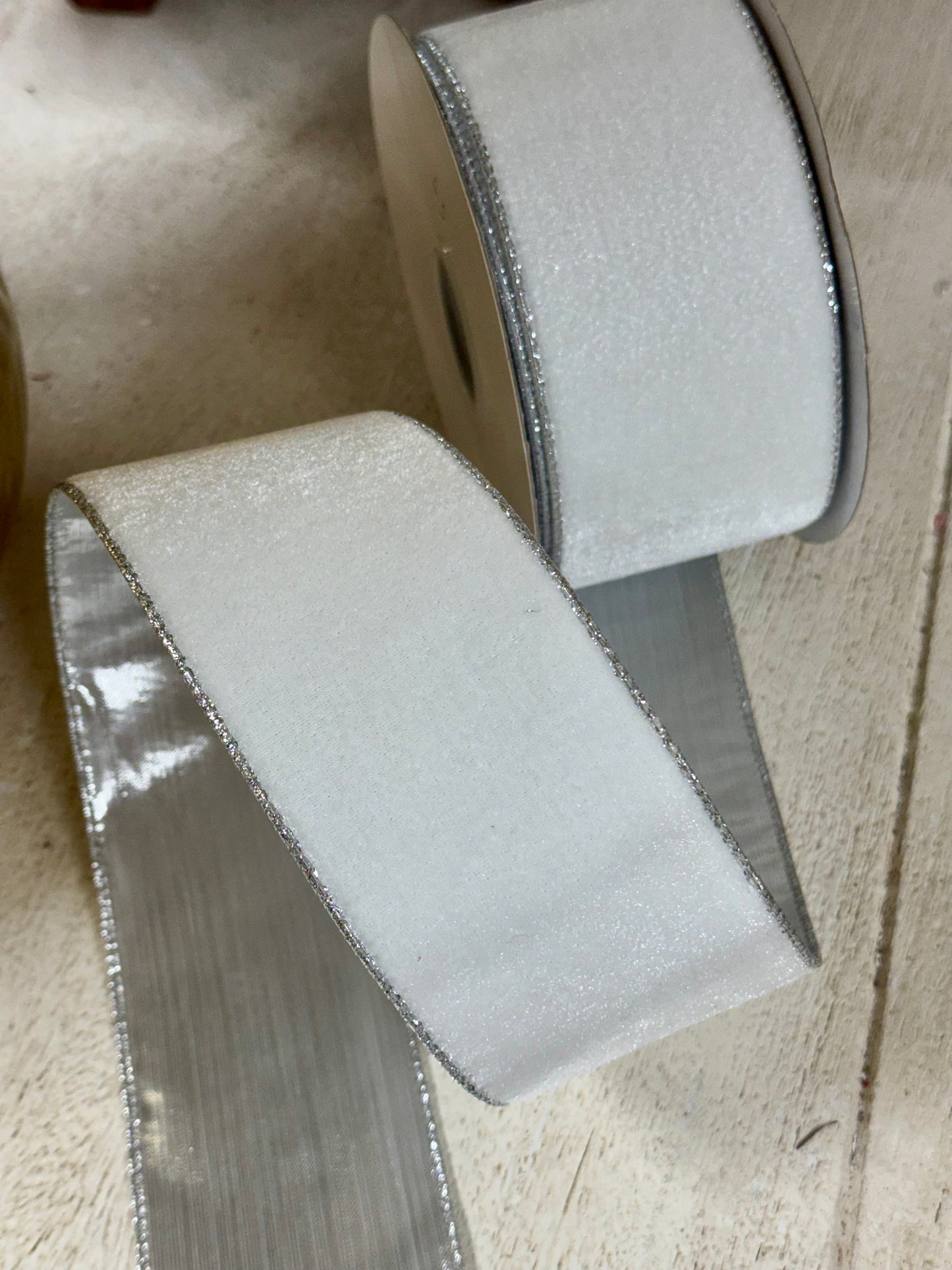 2.5 Inch By 10 Yard White And Silver Velvet Metallic Backing Ribbon