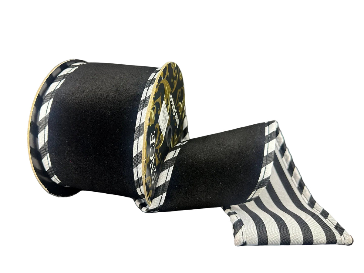 4 Inch By 5 Yard Black Velvet With White Black Cabana Stripe Ribbon