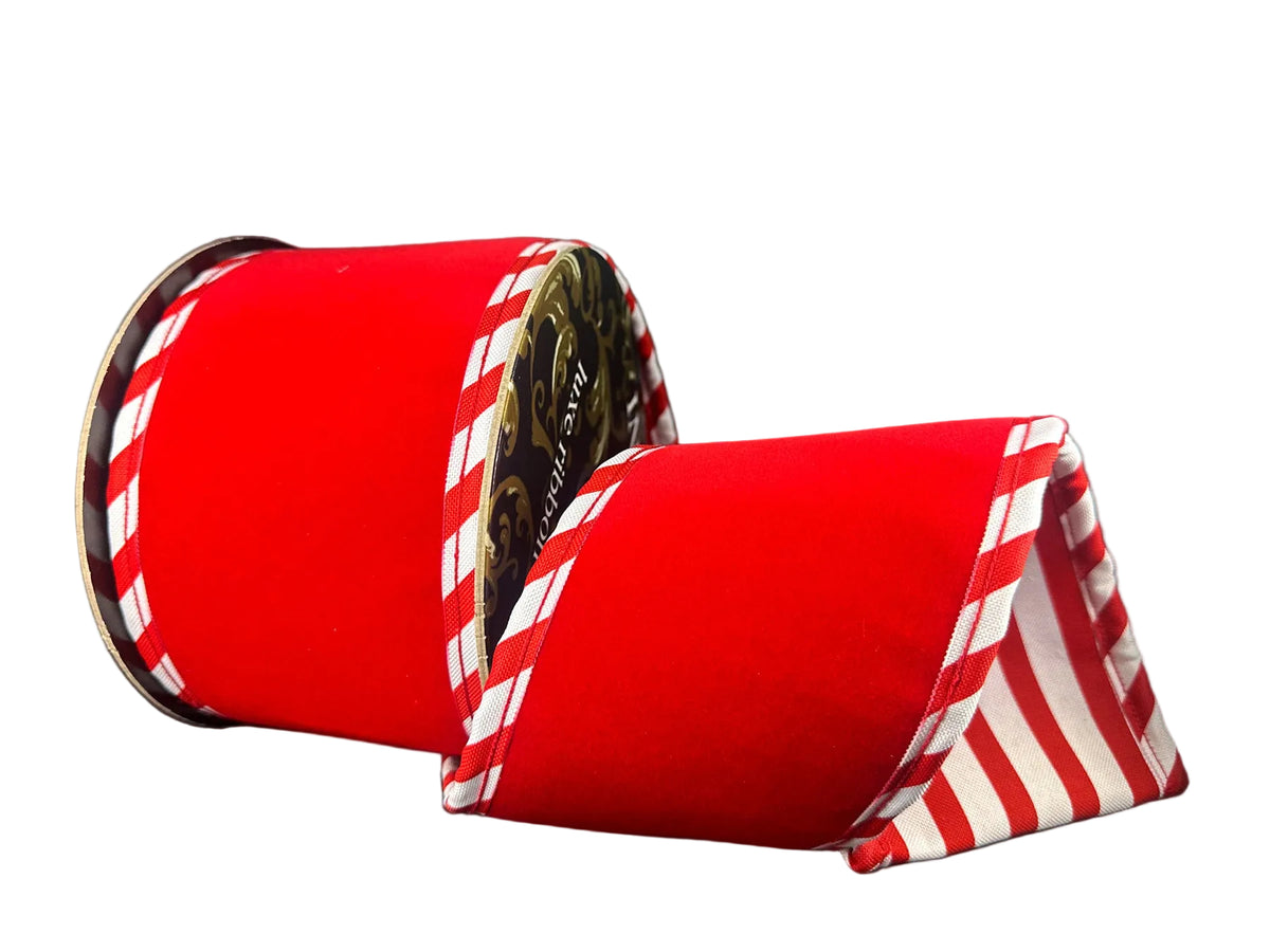 4 Inch By 5 Yard Red Velvet With White Red Cabana Sripe Ribbon
