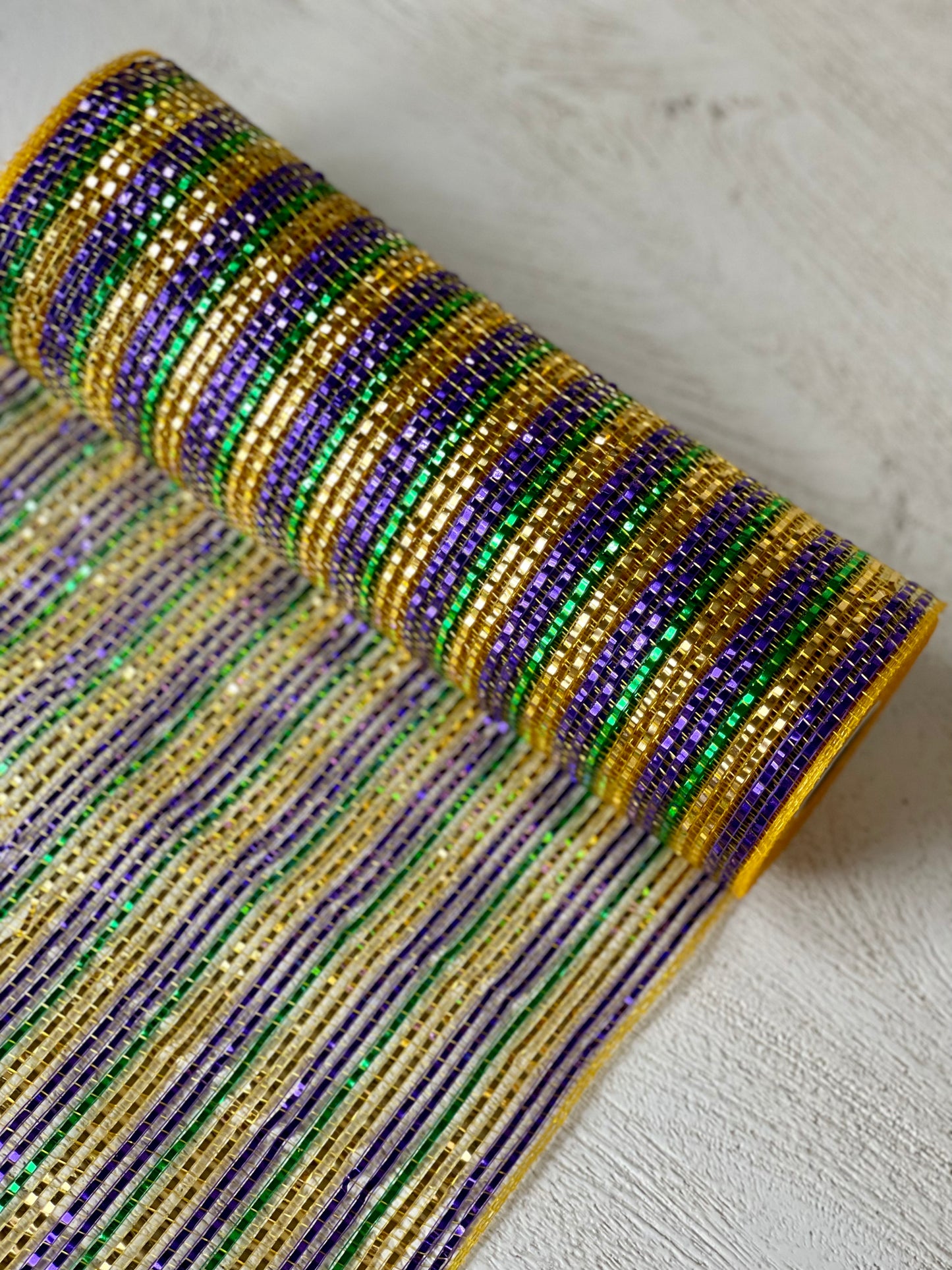 10 Inch By 10 Yard Gold Green And Purple Thin Striped Foil Mesh