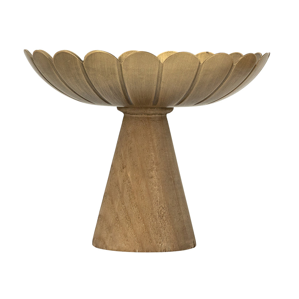 9 Inch Iron And Wood Gold Pedestal Bowl