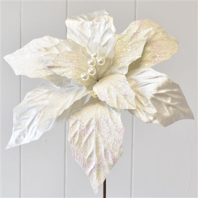 White Velvet Glitter Patterned Poinsettia Spray