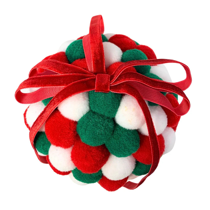 4 Inch Perfectly Whimsical Red Green And White Pom Pom Ornament Ball